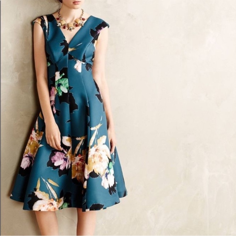 Anthropologie Teal Floral Midi Dress
